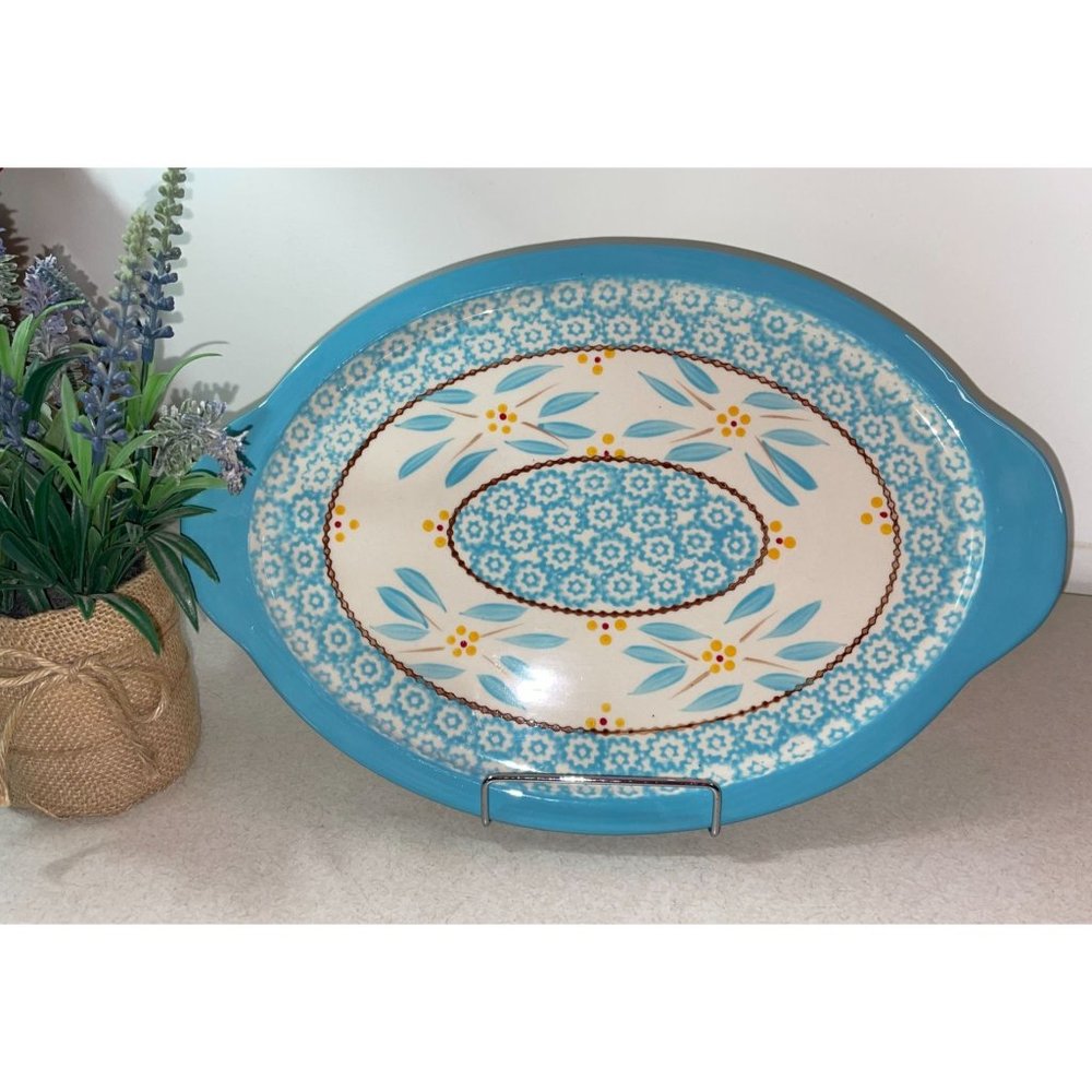 Temptations Ceramic OLD WORLD Oval Serving Tray Platter 9x12 Tiffany Blue